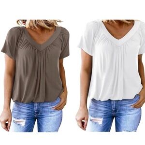 Set of 2 Dokotoo Plus Size XXL V-Neck Short Sleeve Tops White & Tan Loose Fit